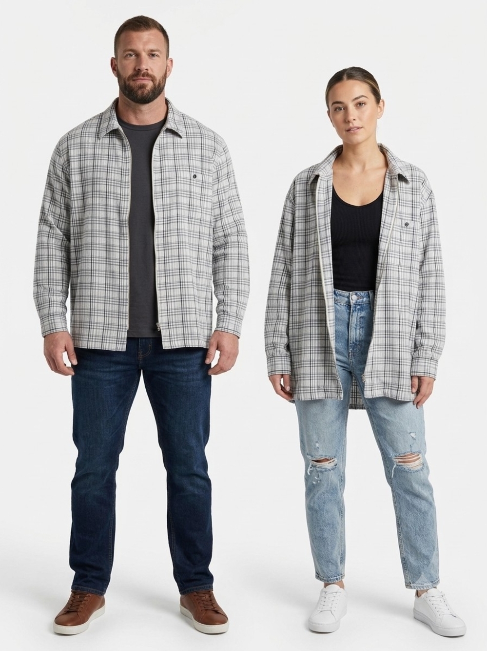 Fleece & Co Large Plaid Zip Up Shacket Jacket 100% Cotton Grey Eclectic Grandpa